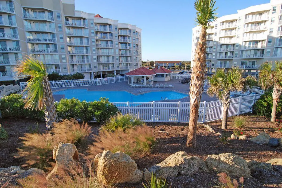 A vibrant saltwater swimming pool surrounded by palm trees and lounge chairs, with a poolside gazebo and a multi-story building in the background. The space is lively and welcoming, perfect for swimming, sunbathing, socializing, or relaxing by the water.